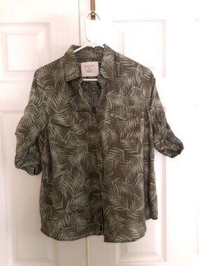 Sonoma Good For Life Wmn's Green Leaf Print Button -up Beach Shirt 100% Cottton